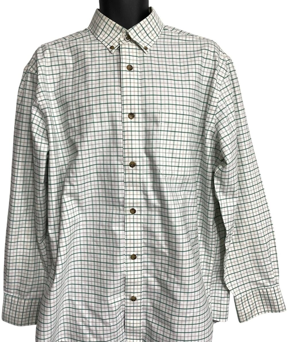 Cabelas Button Up Shirt Mens L Green Plaid Long Sleeve 100% Cotton STAIN COLLAR